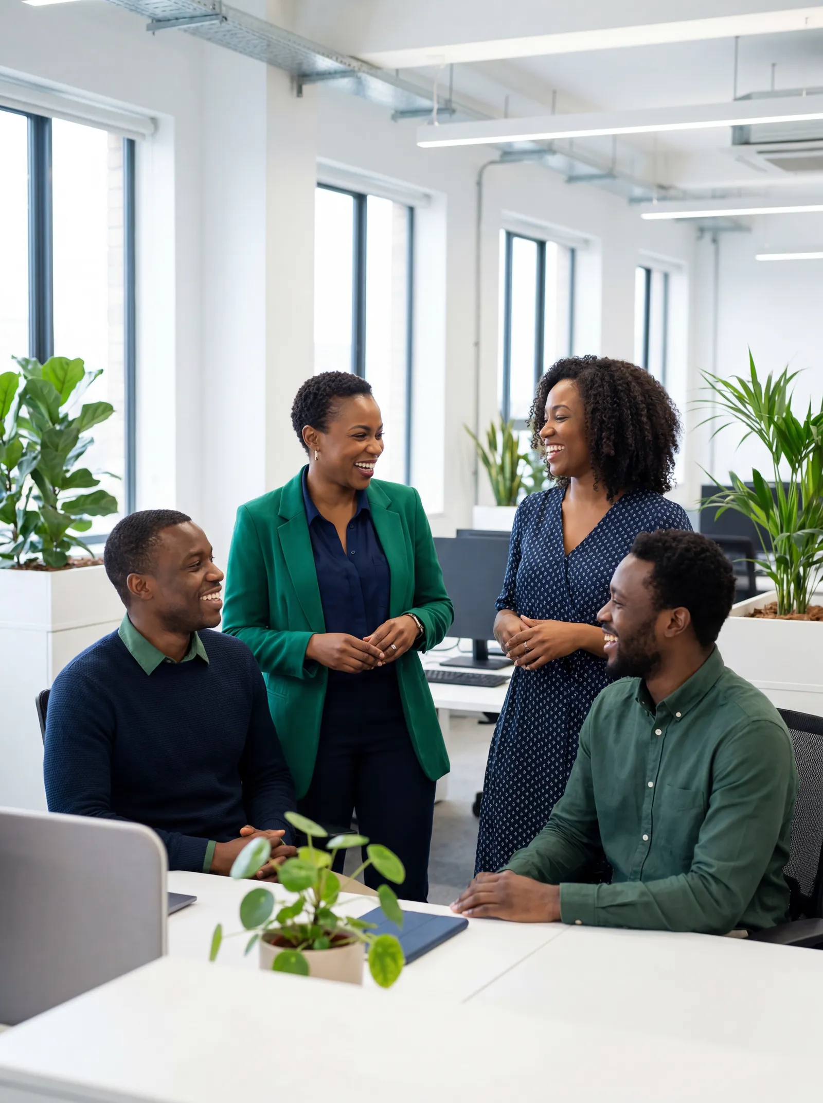 Employees talking together in a bright office